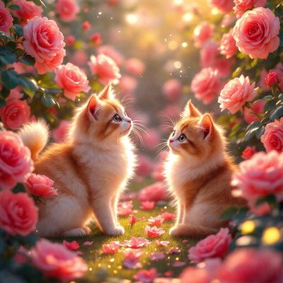 The primary subject of the image is two cats sitting in a field of pink flowers. The setting is a beautiful garden with a variety of pink flowers surrounding the cats. The visual style of the image is a digital art or illustration, creating a whimsical and charming atmosphere. The dominant colors in the image are pink and white, which contribute to the overall mood of the scene.